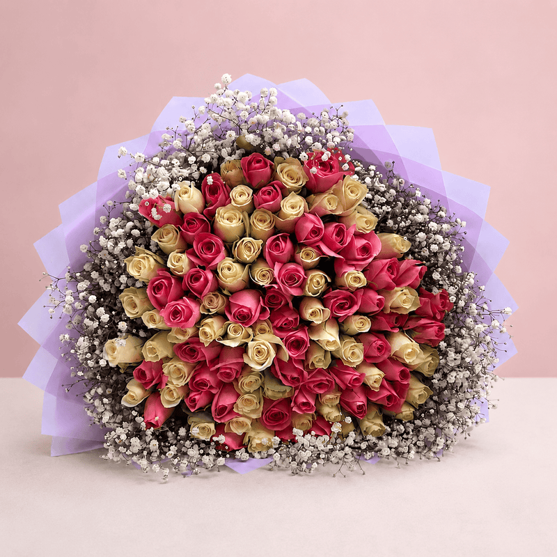 Blooms & Gifts Blush Garden – Baby Pink, White Rose & Baby's Breath Bouquet