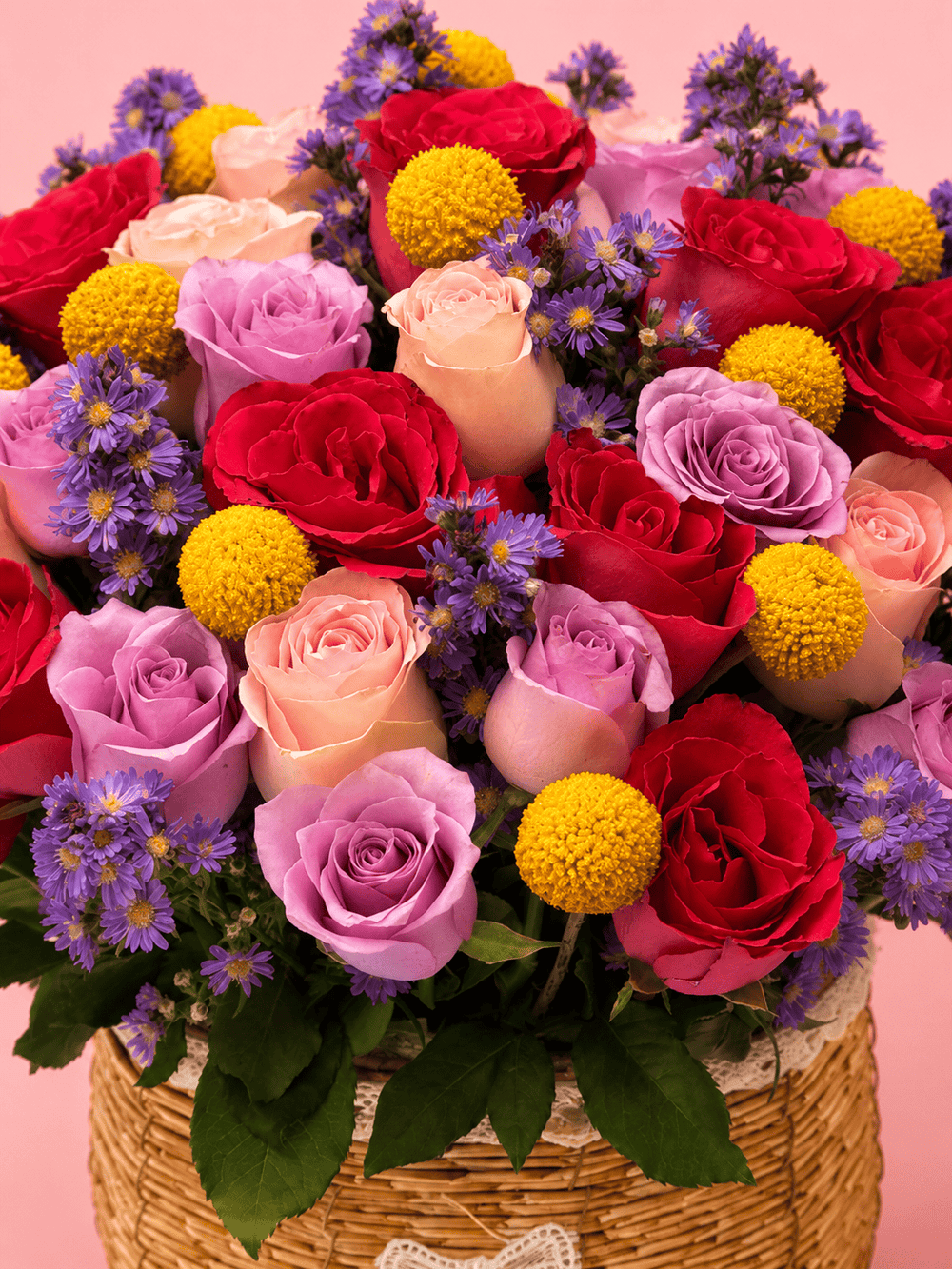 Blooms & Gifts Blush Garden Craspedia & Mixed Roses Basket