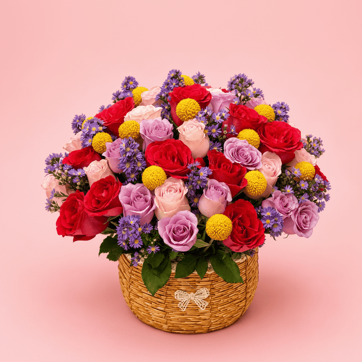 Blooms & Gifts Blush Garden Craspedia & Mixed Roses Basket