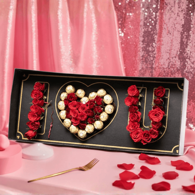 Blooms & Gifts Blushing Heart Red Roses & Chocolate Box
