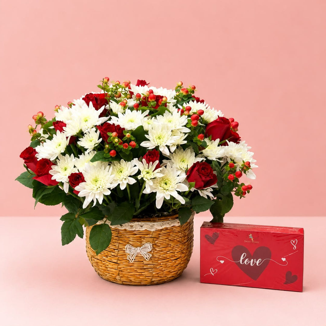 Blooms & Gifts Bold Romance Red Roses, Mums & Chocolate Basket