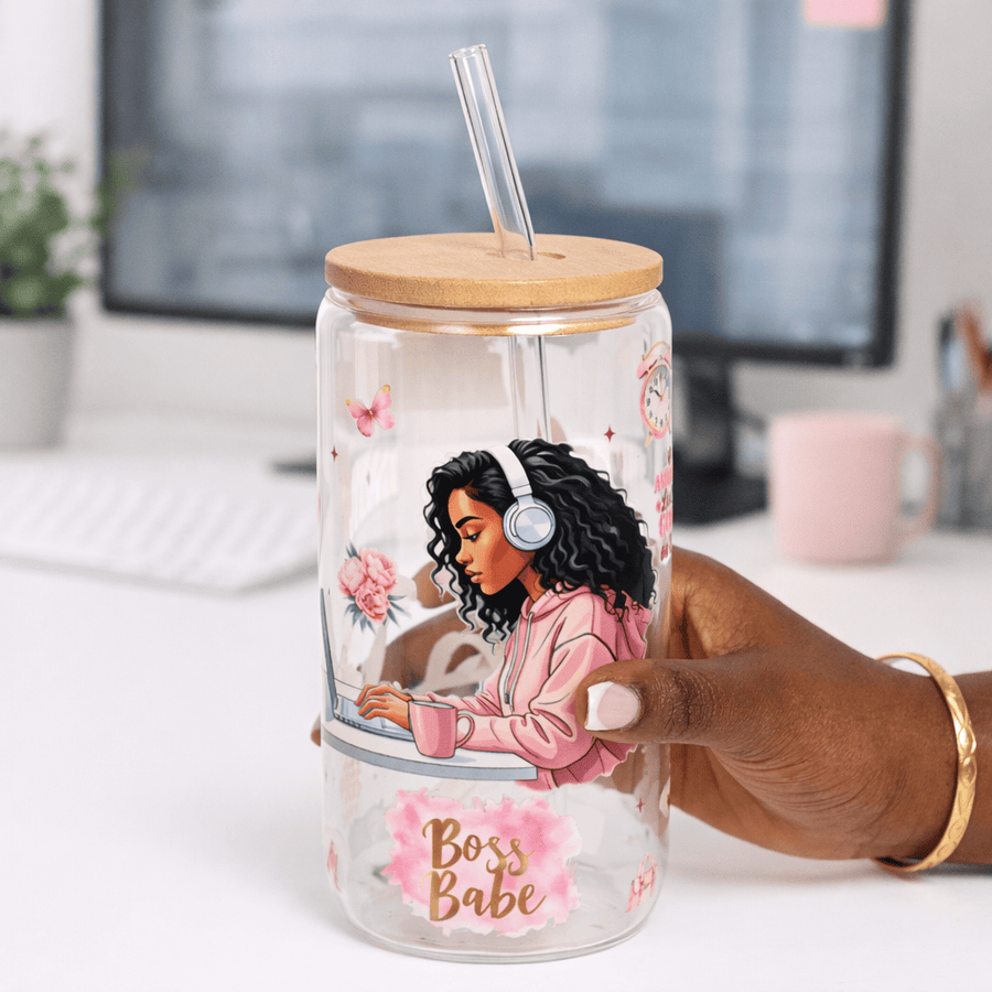 Blooms & Gifts Boss Babe 300ml Glass Water Tumbler With Wooden Lid