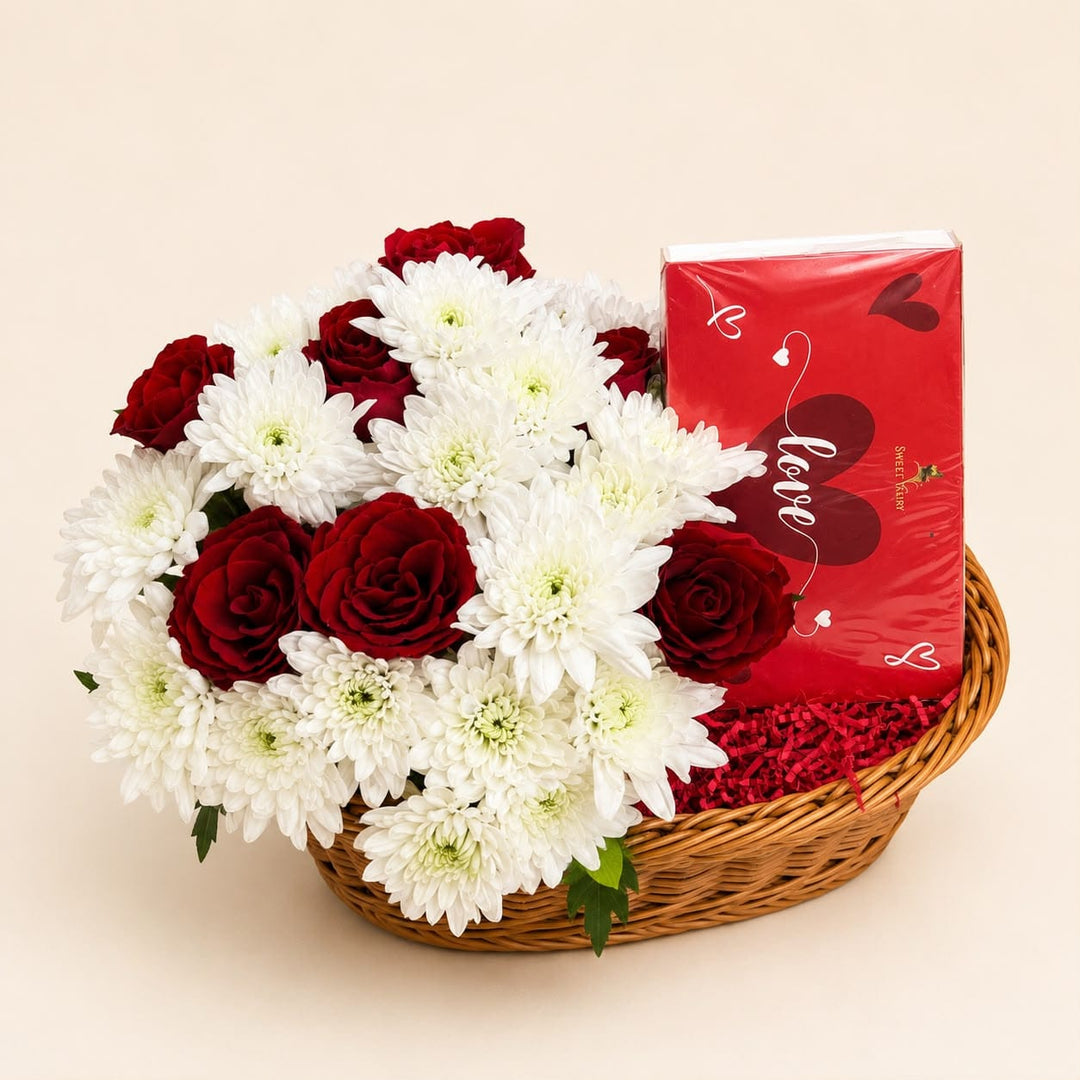 Blooms & Gifts Cherish Red Roses, Mums & Chocolate Basket