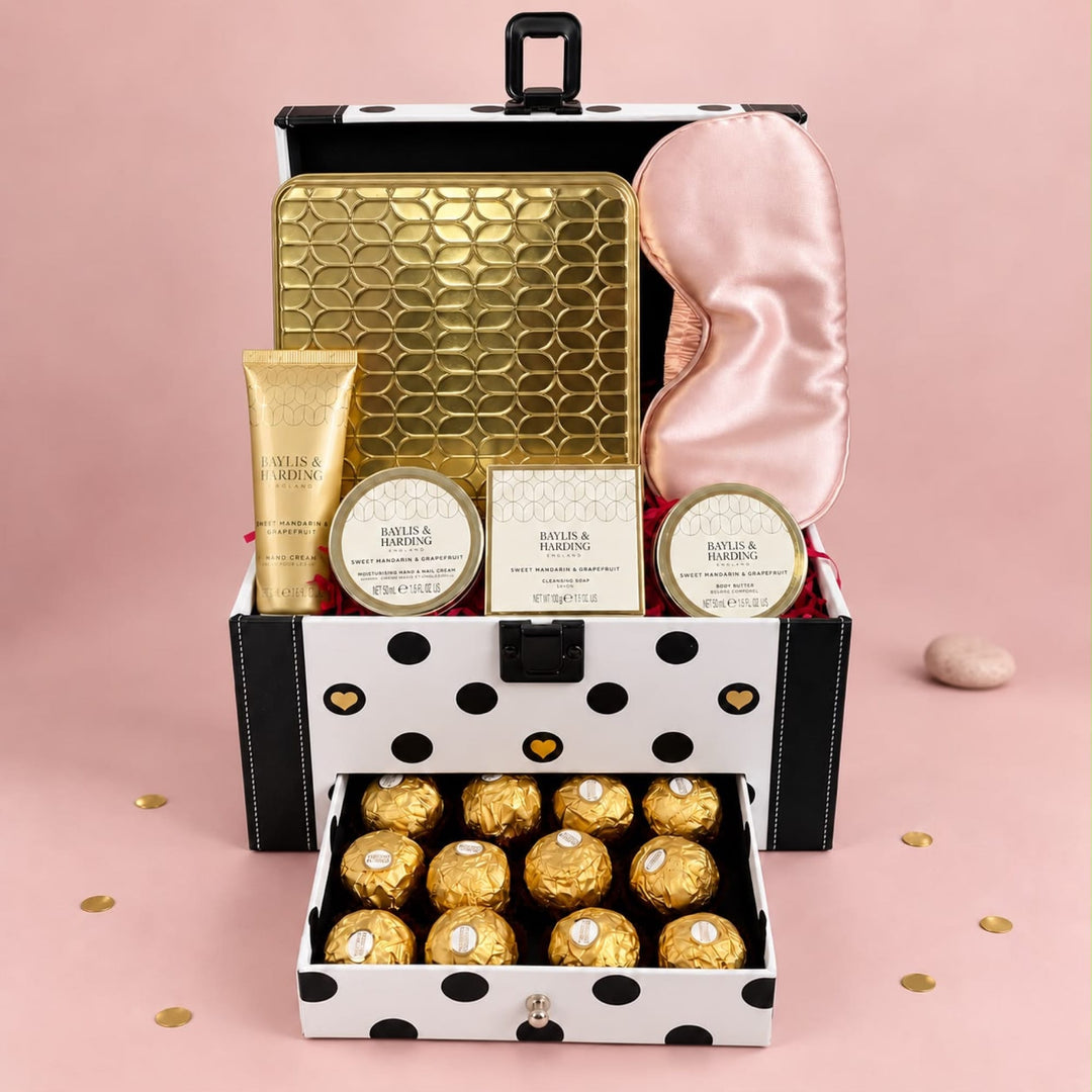 Blooms & Gifts Chic Escape Polka Dot Suitcase Hamper with Ferrero Rocher, Eye Mask & Baylis & Harding