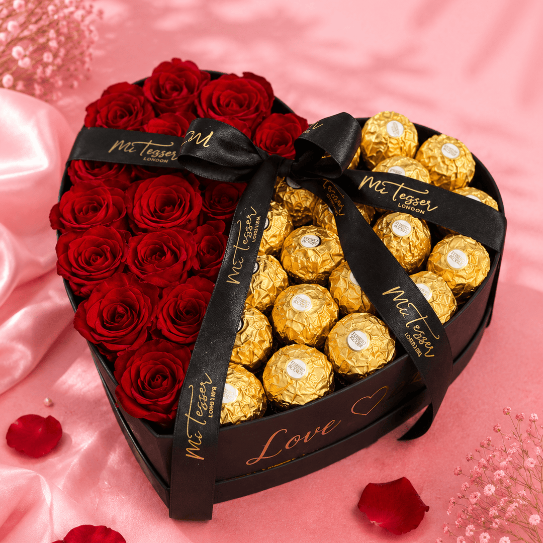 Blooms & Gifts Chocolate Wrap, Red Roses and 16 Ferrero Rocher in a Heart Box