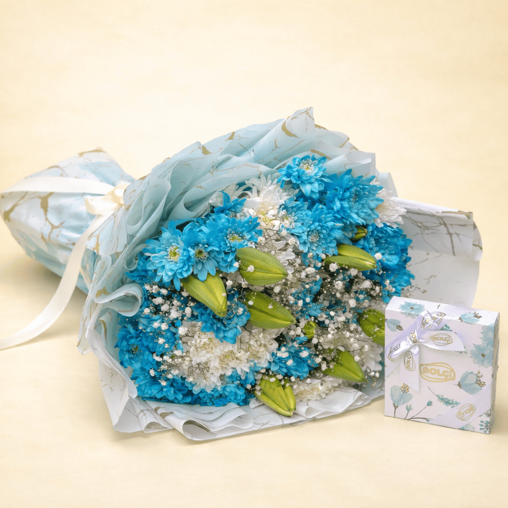 Blooms & Gifts Cloud & Calm Lilies, Mums & Chocolate Bouquet