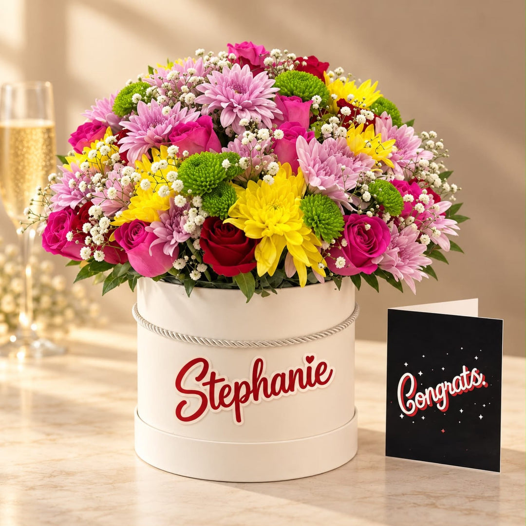 Blooms & Gifts Confetti Bloom Red Rose & Mixed Mum Round Box with Congrats Card