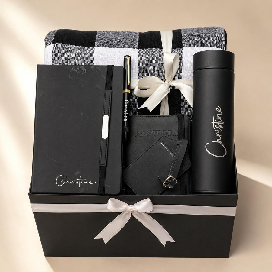 Blooms & Gifts Corporate Classic Black & White Maasai Fleece, Flask & Notebook Gift Set