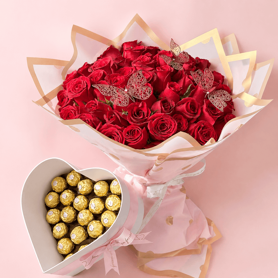 Blooms & Gifts Crystal Amore Clear Lid Heart Box, Red Roses & Ferrero Rocher