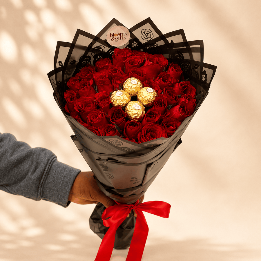 Blooms & Gifts Dolce Rosso 30 Red Roses & Ferrero Rocher Bouquet