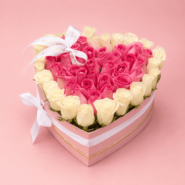 Blooms & Gifts Doux Amour Pink Heart Box Mini with Baby Pink & White Roses