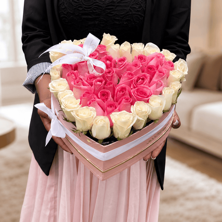 Blooms & Gifts Doux Amour Pink Heart Box Mini with Baby Pink & White Roses