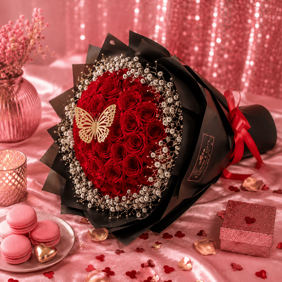 Blooms & Gifts Elegant 60 Red Roses & Baby's Breath Bouquet