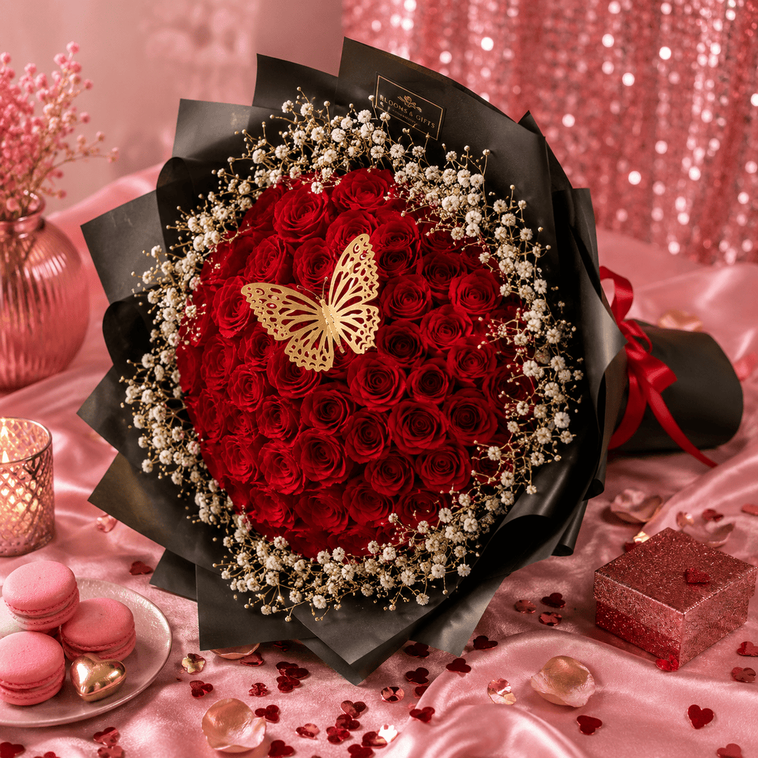 Blooms & Gifts Elegant 60 Red Roses & Baby's Breath Bouquet
