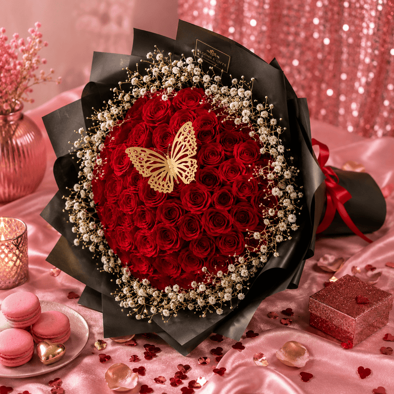 Blooms & Gifts Elegant 60 Red Roses & Baby's Breath Bouquet
