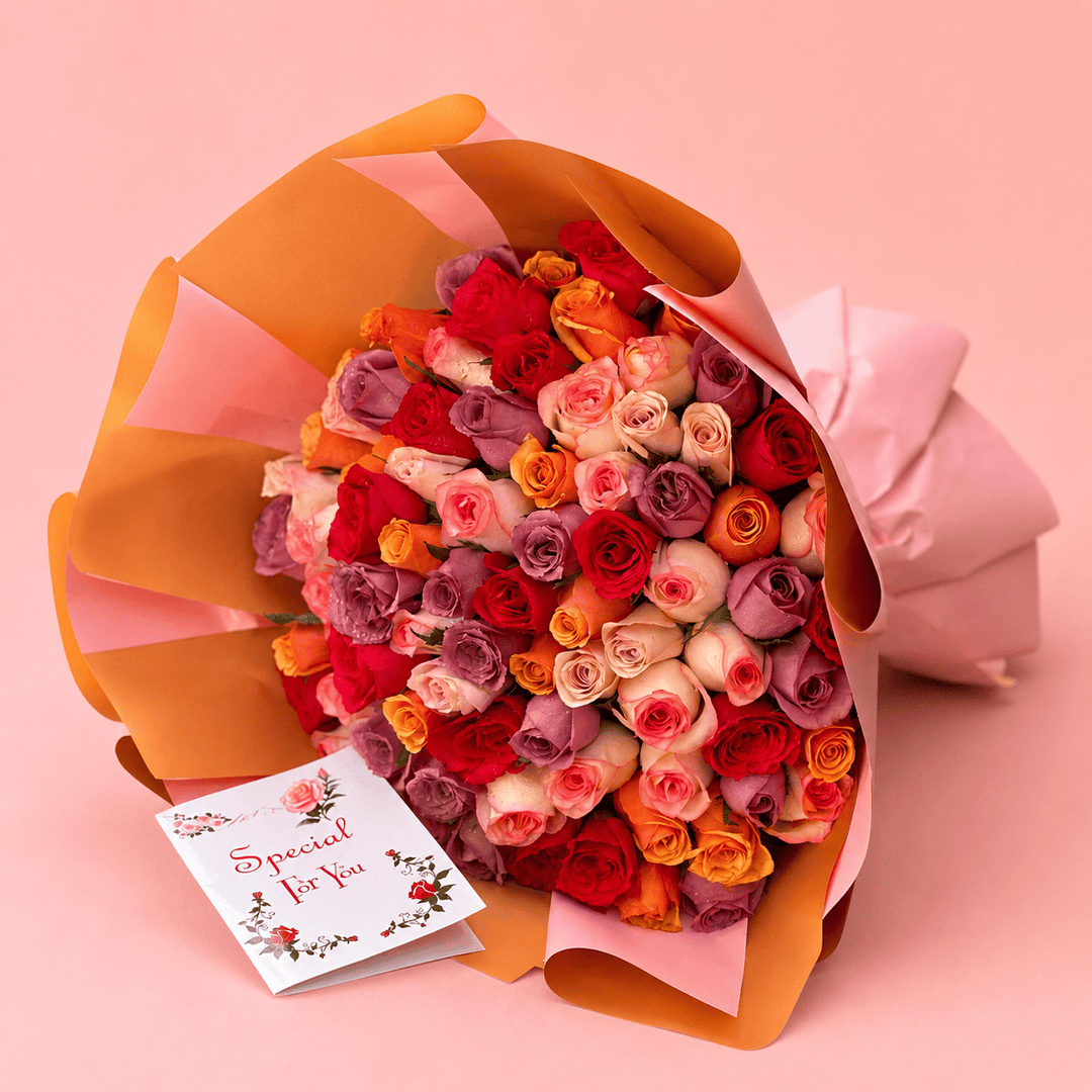 Blooms & Gifts Fiesta Bloom Orange, Jumilla, Purple & Hot Pink Rose Bouquet