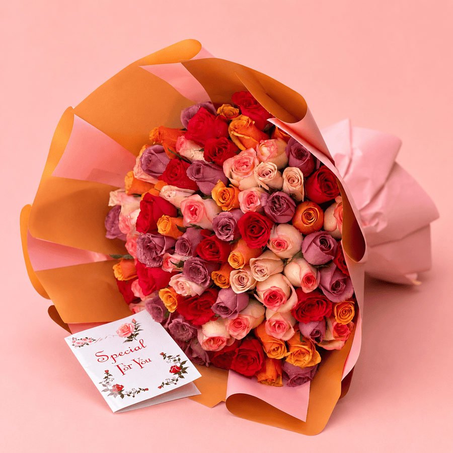 Blooms & Gifts Fiesta Bloom Orange, Jumilla, Purple & Hot Pink Rose Bouquet