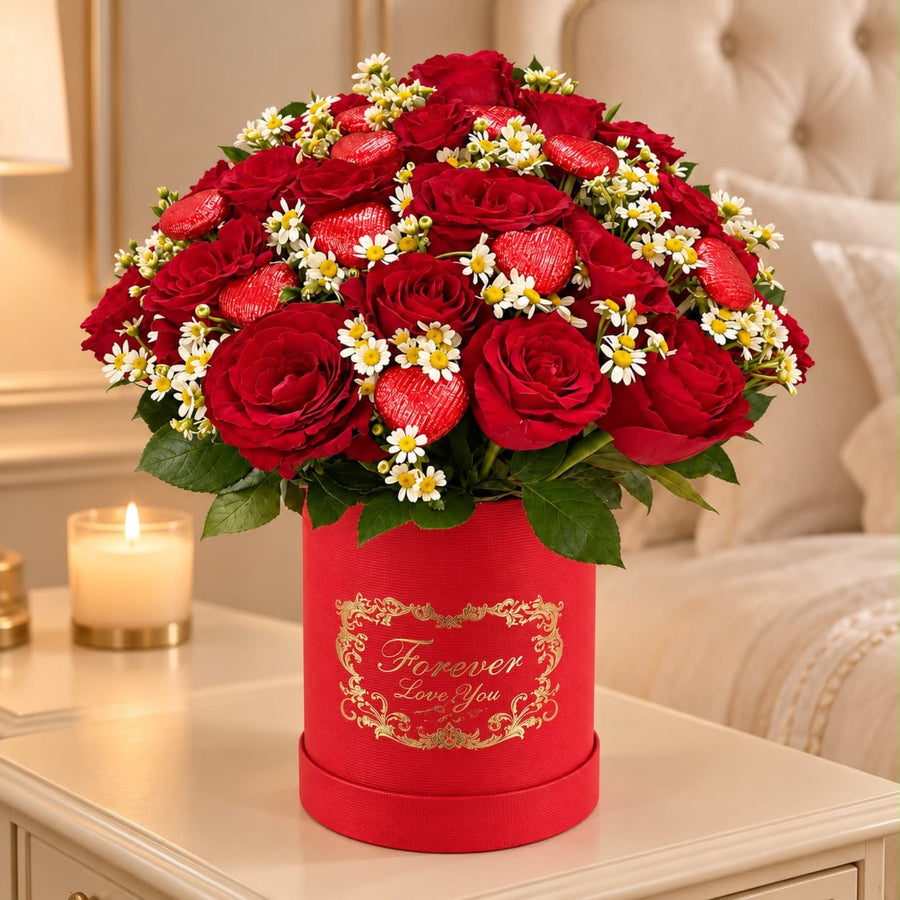 Blooms & Gifts Forever Red 50 Red Roses & Daisies Round Box with Bolci Love Chocolate