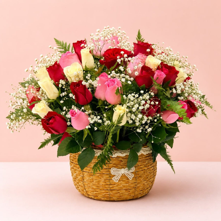 Blooms & Gifts Garden Dream Red, Pink & White Roses Basket