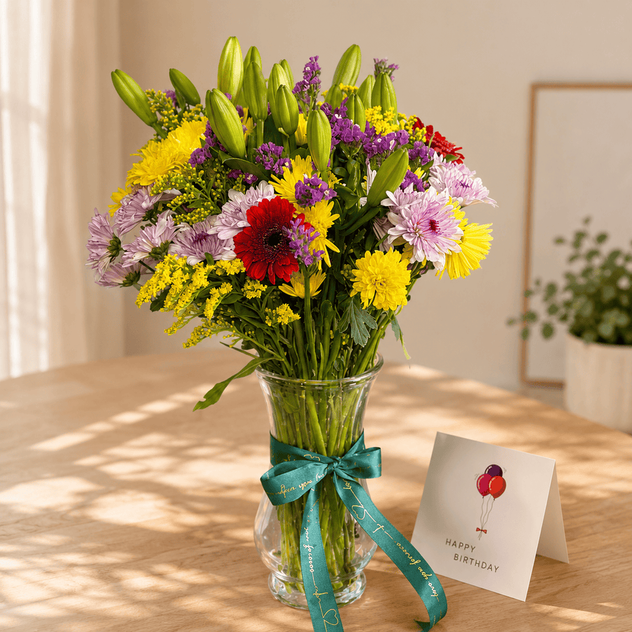 Blooms & Gifts Garden Fiesta Lily, Gerbera, Mums & Mixed Flower Vase
