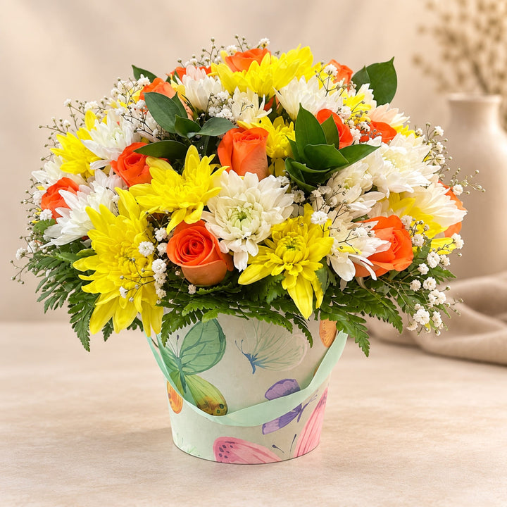 Blooms & Gifts Golden Hour Orange Rose & Mum Butterfly Bucket Box