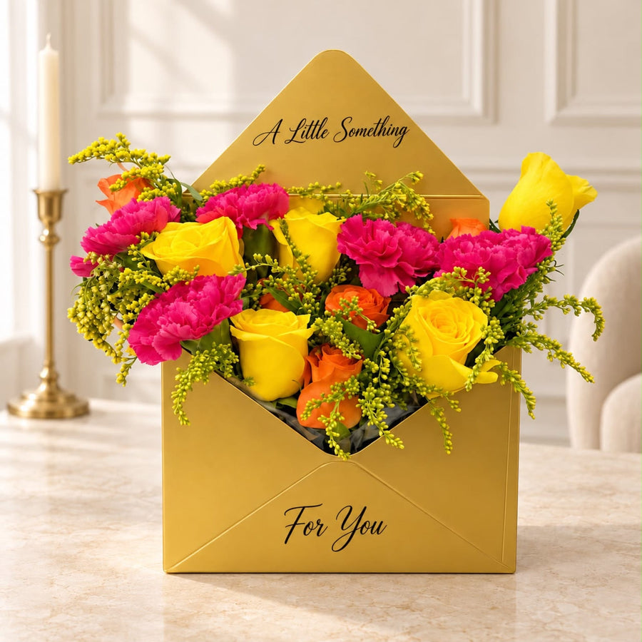 Blooms & Gifts Golden Letter Yellow & Orange Rose, Hot Pink Carnation Envelope Box
