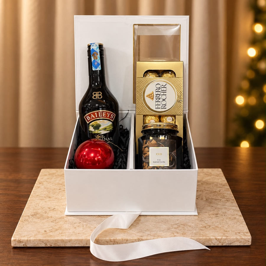 Blooms & Gifts Golden Noël Baileys, Ferrero Rocher & Oud Candle Partitioned Box Hamper