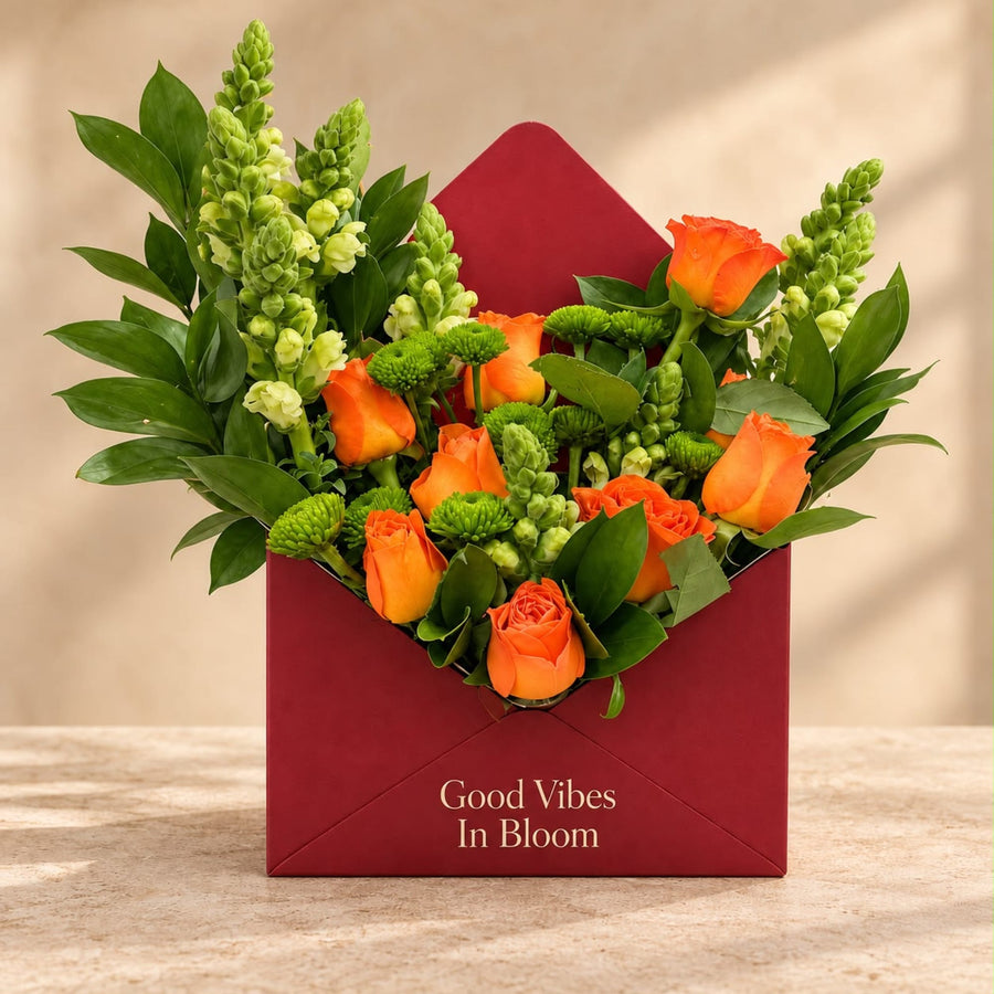 Blooms & Gifts Good Vibes Orange Rose, Snapdragon & Green Mum Envelope Box