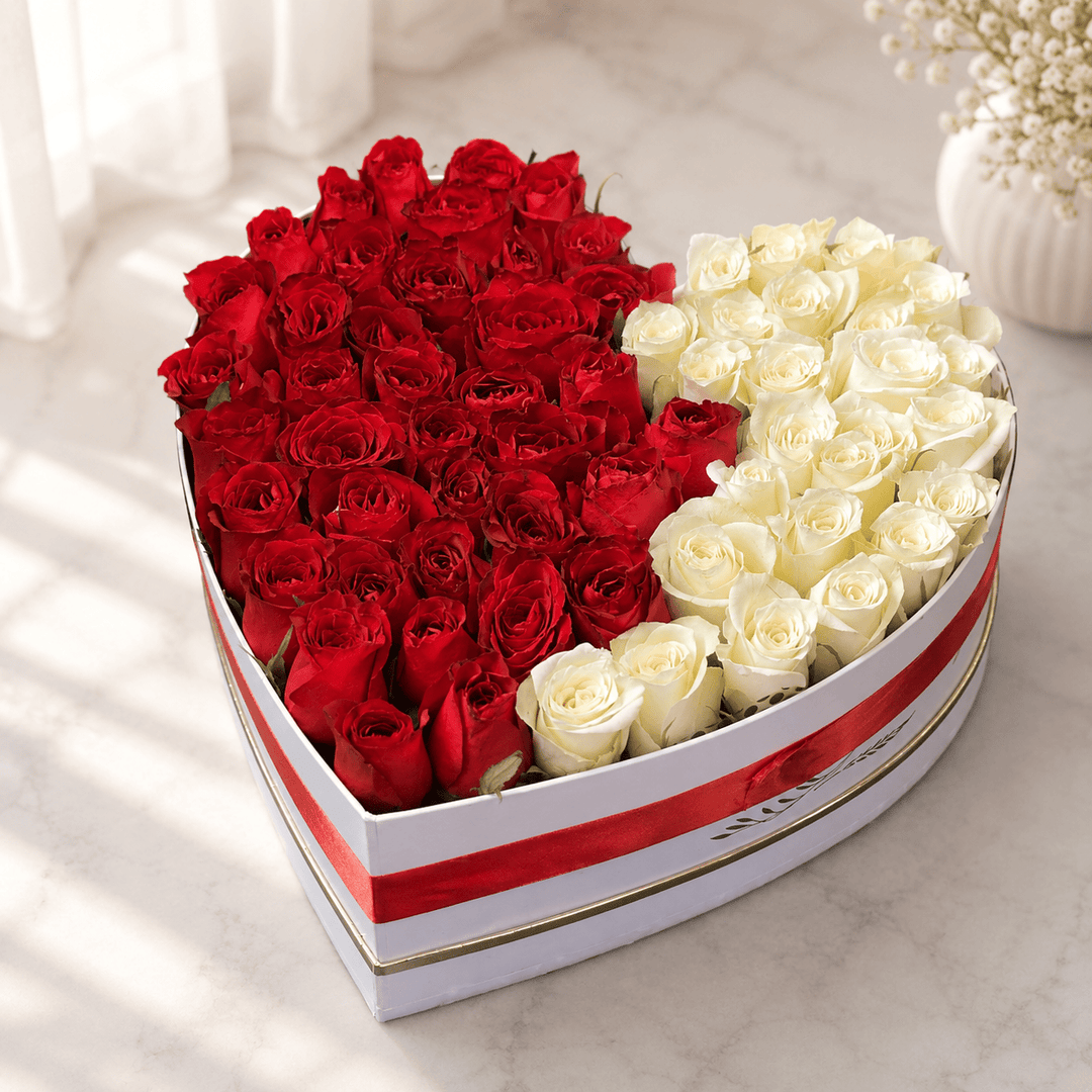 Blooms & Gifts Grand Coeur White Heart Box Large with Red & White Roses