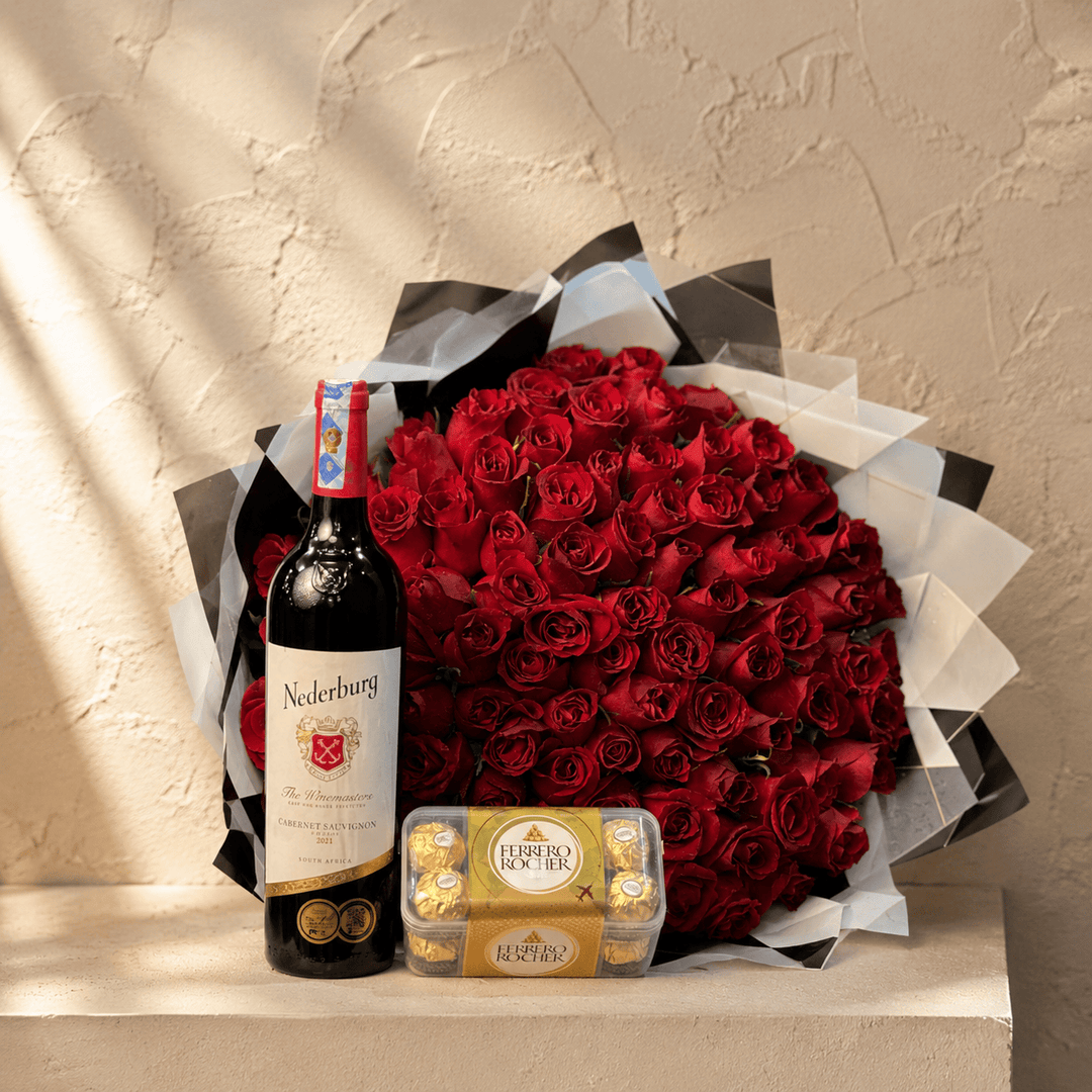Blooms & Gifts Grand Luxe 100 Red Roses, Ferrero Rocher & Nederburg Wine