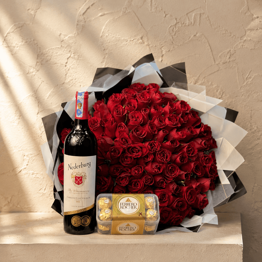Blooms & Gifts Grand Luxe 100 Red Roses, Ferrero Rocher & Nederburg Wine
