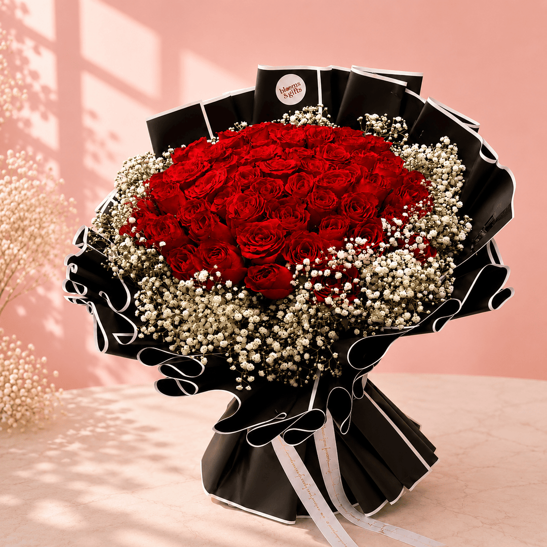 Blooms & Gifts Grand Red – 100 Red Roses & Baby's Breath Bouquet
