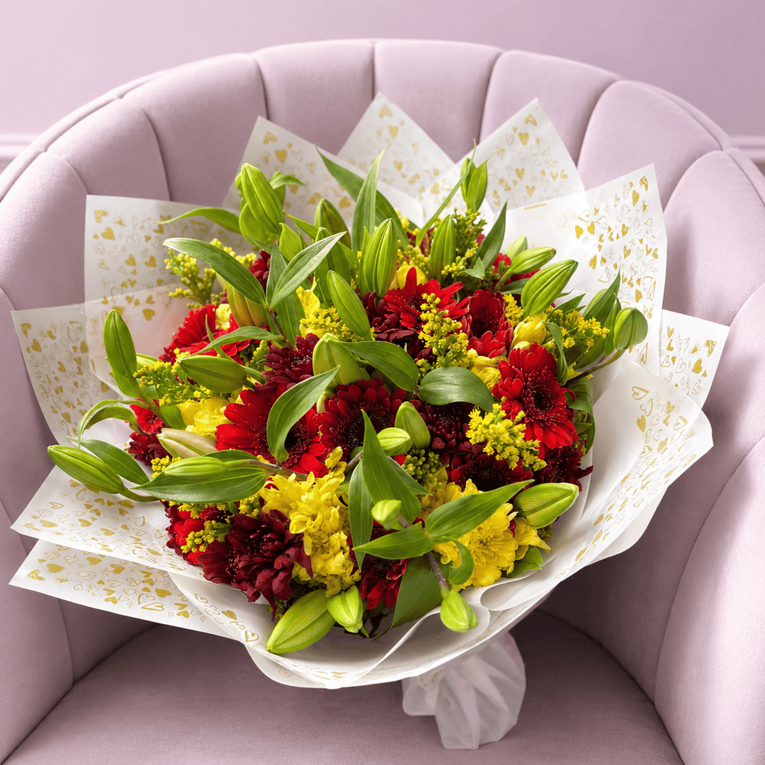 Blooms & Gifts Harvest Glow Lily, Yellow & Maroon Mums & Orange Gerbera Bouquet