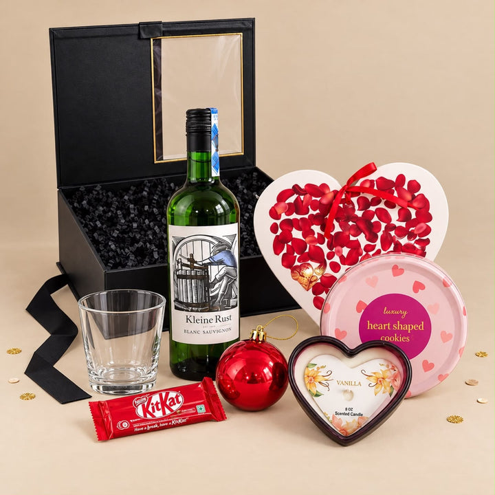 Blooms & Gifts Heart & Home Partitioned Box Hamper with Kleinerust Wine, Heart Candle & Chocolates