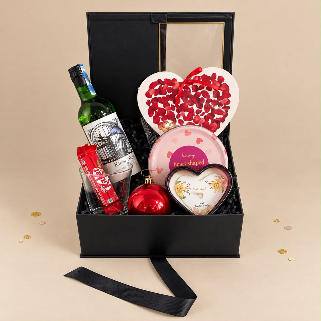 Blooms & Gifts Heart & Home Partitioned Box Hamper with Kleinerust Wine, Heart Candle & Chocolates