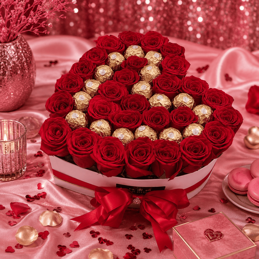 Blooms & Gifts Hearted Chocolate, Red Roses and 16 Ferrero Rocher Heart Box with Red Ribbon