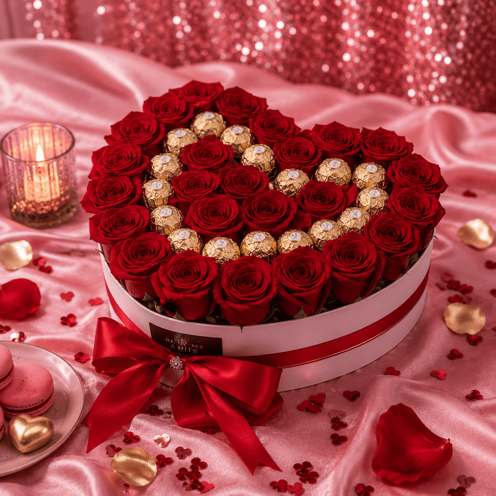Blooms & Gifts Hearted Chocolate, Red Roses and 16 Ferrero Rocher Heart Box with Red Ribbon