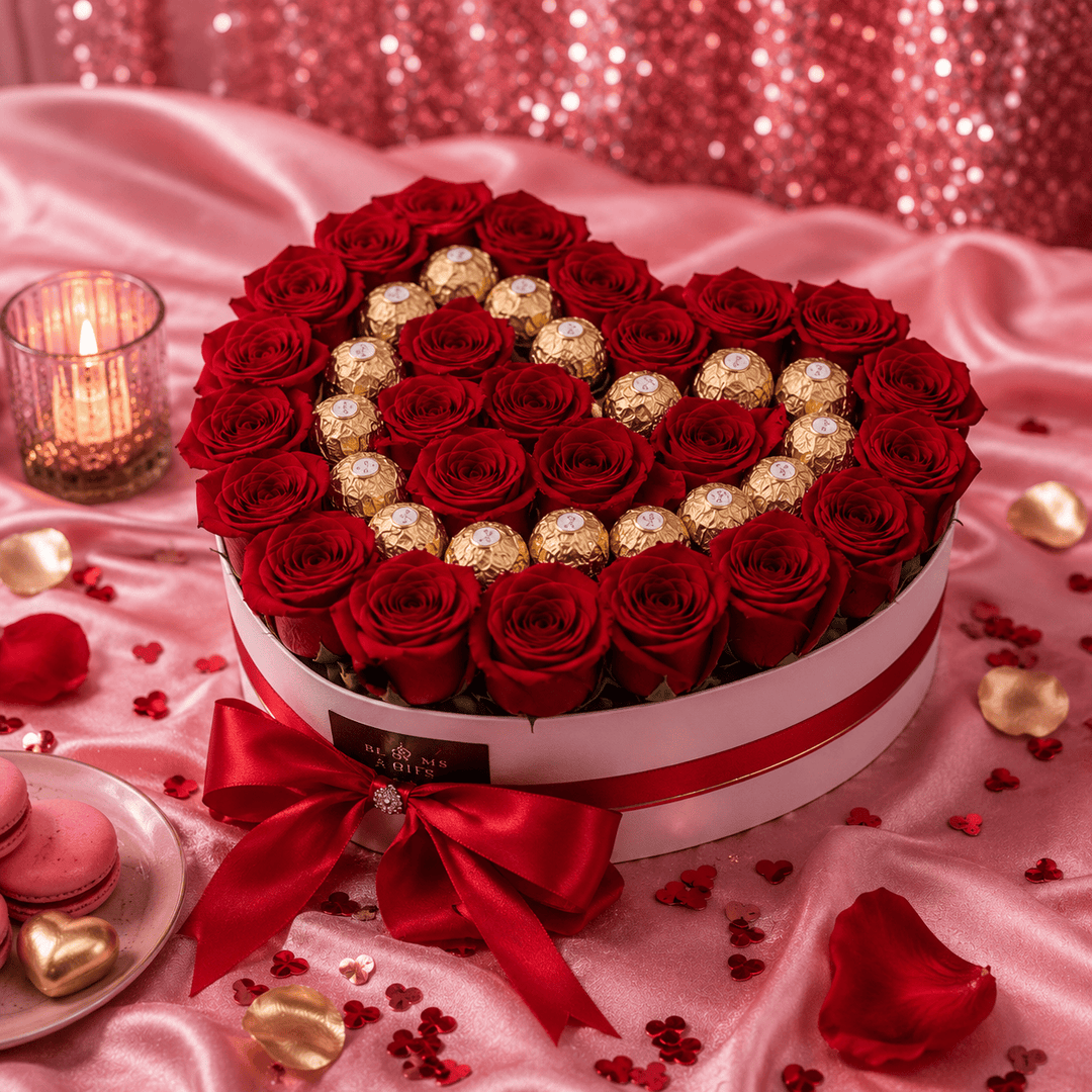 Blooms & Gifts Hearted Chocolate, Red Roses and 16 Ferrero Rocher Heart Box with Red Ribbon
