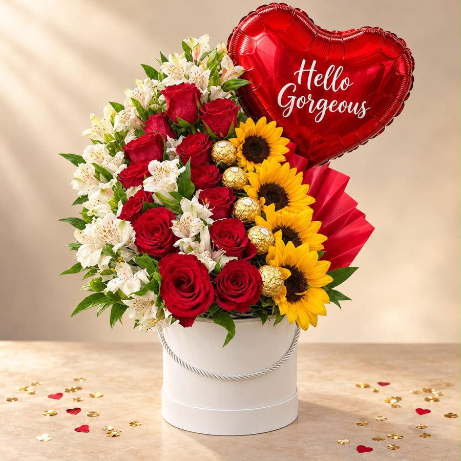 Blooms & Gifts Hello Gorgeous Red Rose & Sunflower Round Box with Ferrero Rocher & Balloon
