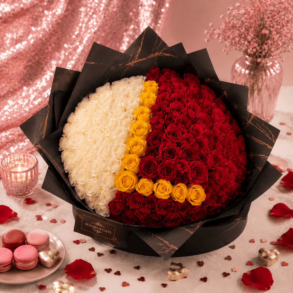Blooms & Gifts Letter Rose Bouquet, 100 Red White and Yellow Roses with Custom Initial