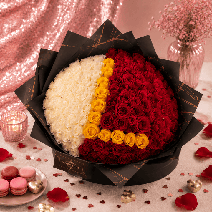 Blooms & Gifts Letter Rose Bouquet, 100 Red White and Yellow Roses with Custom Initial