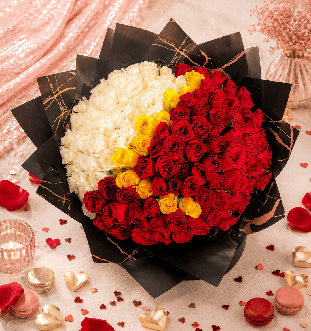 Blooms & Gifts Letter Rose Bouquet, 100 Red White and Yellow Roses with Custom Initial
