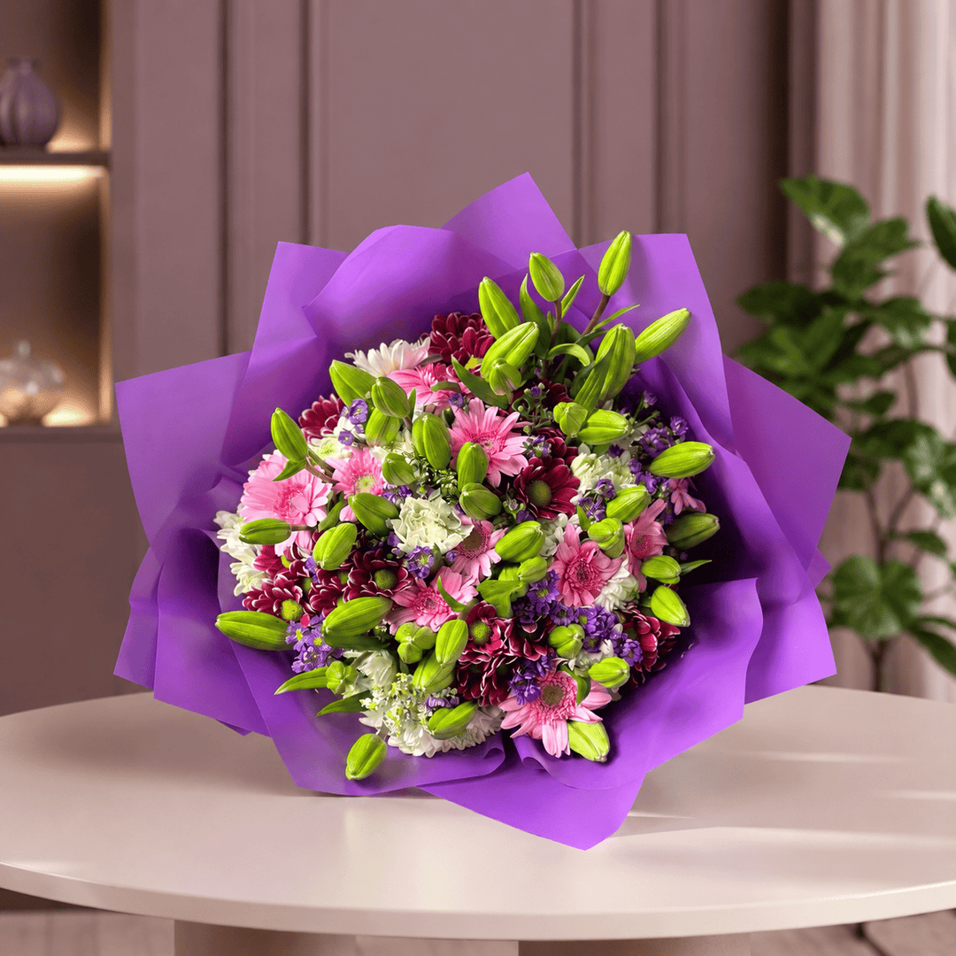 Blooms & Gifts Lilac Bloom Pink Lily, Gerbera & Purple Mum Bouquet