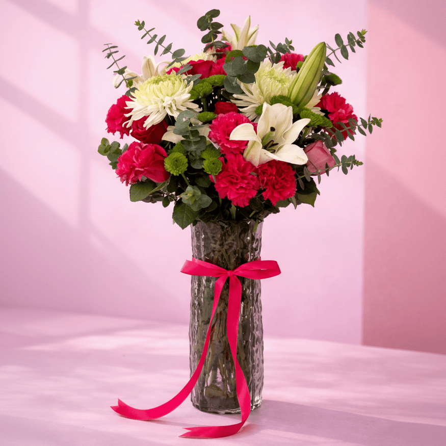 Blooms & Gifts Love Drunk in Pink Roses, Lilies & Carnations Vase Arrangement