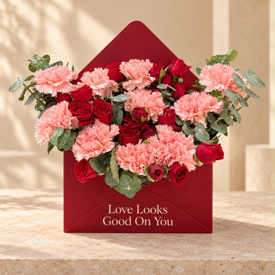 Blooms & Gifts Love Letter Pink Carnation & Red Spray Rose Envelope Box