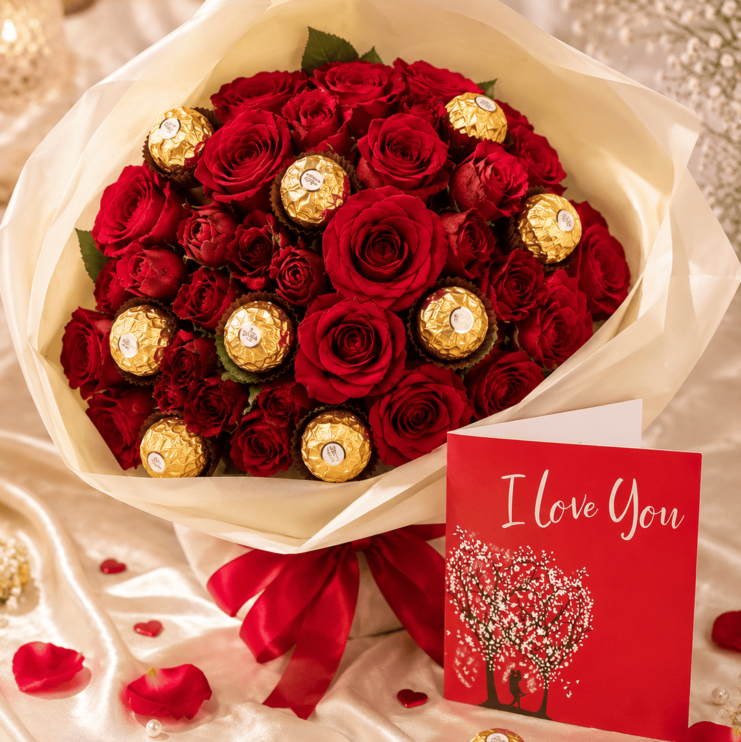Blooms & Gifts Meridiam Love, Deep Red Roses and Ferrero Rocher Bouquet with Love Card