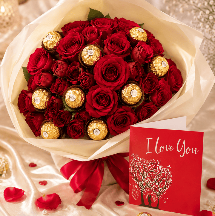 Blooms & Gifts Meridiam Love, Deep Red Roses and Ferrero Rocher Bouquet with Love Card