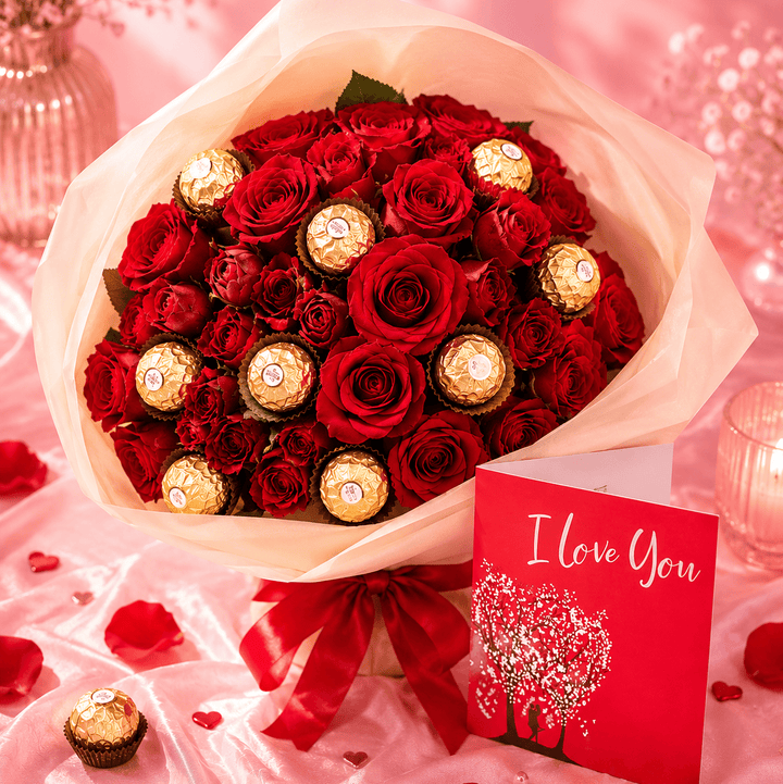 Blooms & Gifts Meridiam Love, Deep Red Roses and Ferrero Rocher Bouquet with Love Card