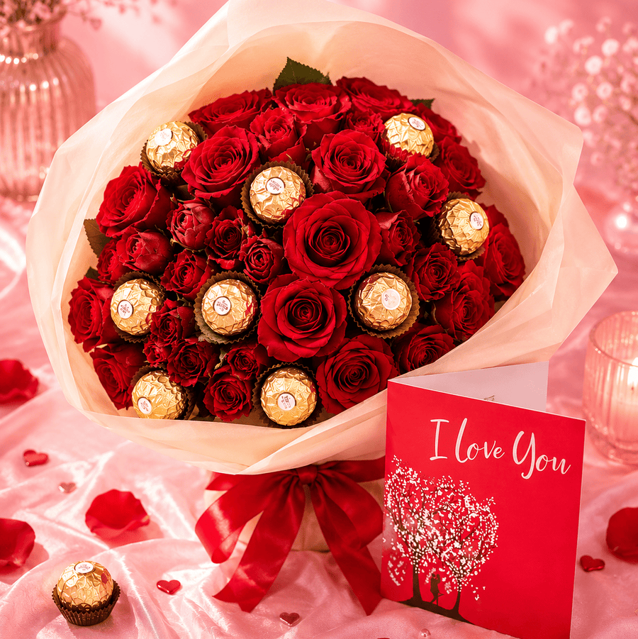 Blooms & Gifts Meridiam Love, Deep Red Roses and Ferrero Rocher Bouquet with Love Card