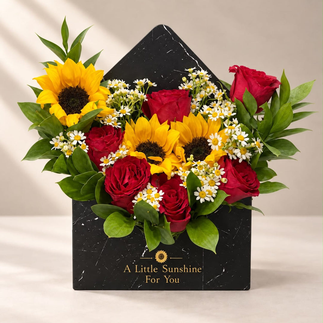 Blooms & Gifts Midnight Sunshine Red Rose & Sunflower Marble Envelope Box